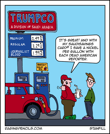 Progressive comic about Trump getting lower gas prices from the death of Khashoggi