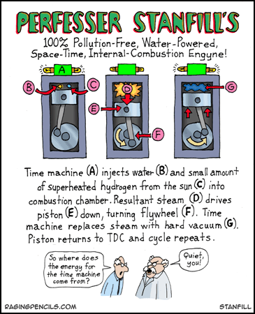 Perfesser Stanfill's 100% pollution-free water-powered space-time internal combustion engyne.