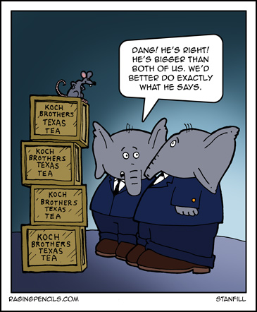 The cartoon about the unhealthy influence of corporate money in politics.