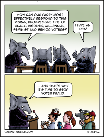 Whaddaya know. No fraud exists within the white male demographic. Go figure! The progressive web comic about fraudulent voter fraud.