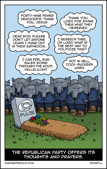 My displeasure at the Koch Operative Party affords me great pleasure. The progressive web comic about the Republican 'thoughts and prayers' for the Pulse nightclub victims.