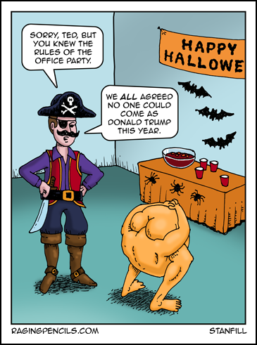 You have to admit, it's an amazing likeness. Progressive comic about a Trump costume at a Halloween party.
