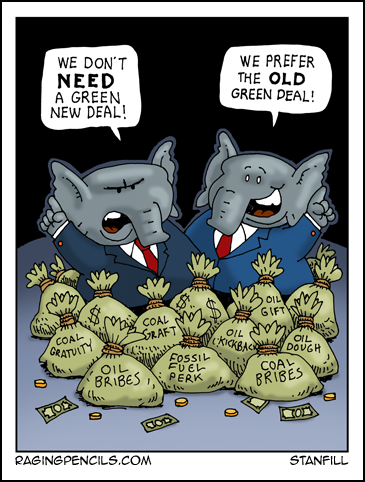 Why is the GOP's color red? It should be dollar-bill green. Progressive comic about the New Green Deal.