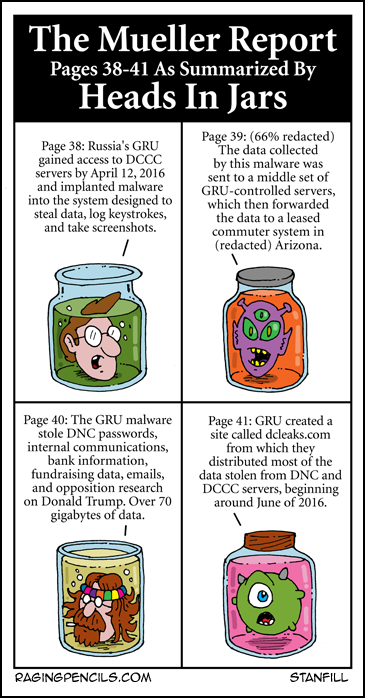 Up to their necks with Trump's treason. Progressive comic about the Mueller Report summarized by Heads in jars, pages 38-41.