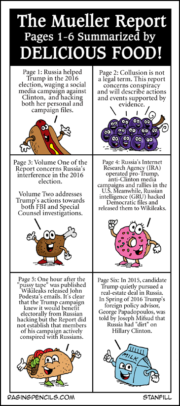 Food. Is there anything it can't do? Progressive comic about the Mueller Report summarized by tasty food.