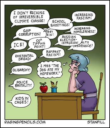 “Ms. Johnson? May we ALL go to the toilet... RIGHT NOW!” Progressive comic about rising anxiety in schooldren.