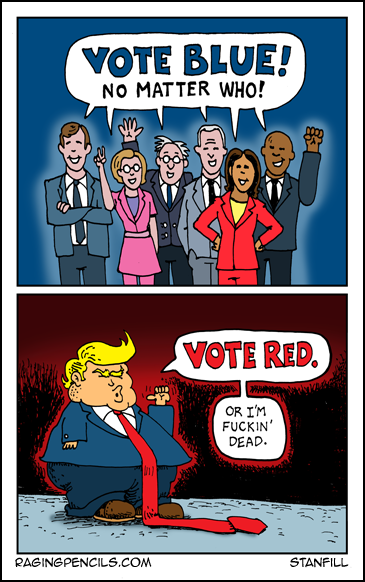 Not purple or orchid or galapagos or helliconia. It's pure blue or nothing. Progressive comic about voting blue in 2020, no matter who it is.