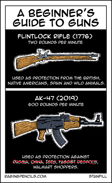2019 model also said to be useful in protecting your lawn from black teenagers wielding deadly candy bars. Progressive comic about guns in America