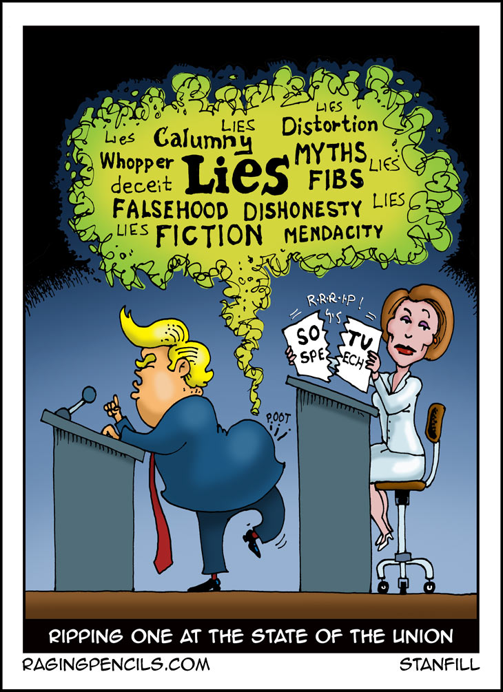 I loves me Nancy Pelosi SO much right now. Progressive comic about Trump lying at the Sate of the Union.