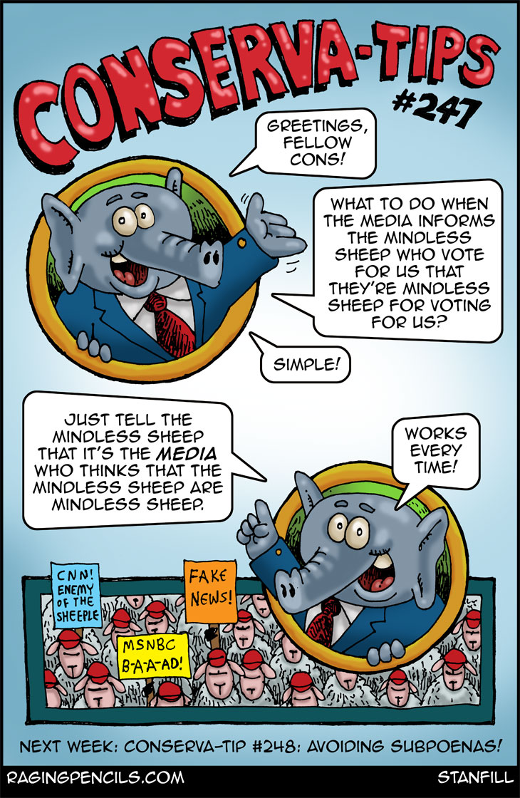 Conserva-Tip #246: How to disguise unsightly forehead swastikas with a small dab of dick cheese. The progressive editorial cartoon about bad advice for corrupt repulicans.