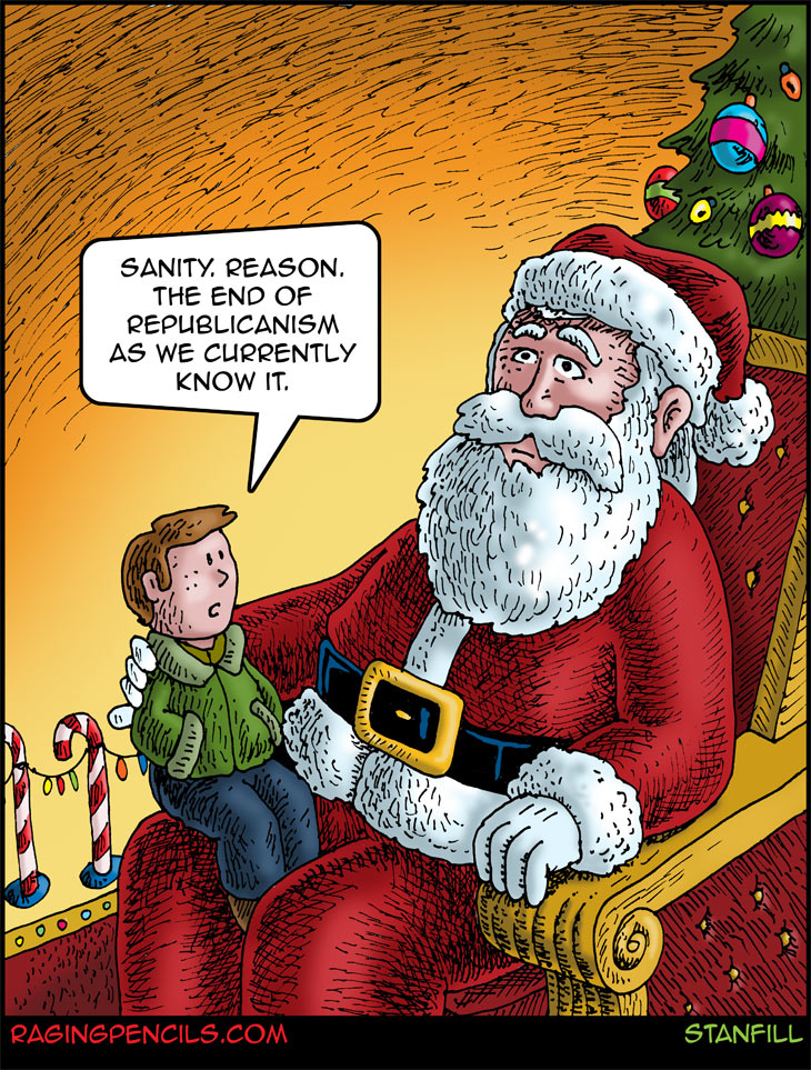 The progressive editorial cartoon about asking Santa for miracles.
