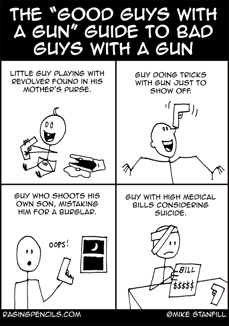 The progressive editorial cartoon about bad guys with guns.