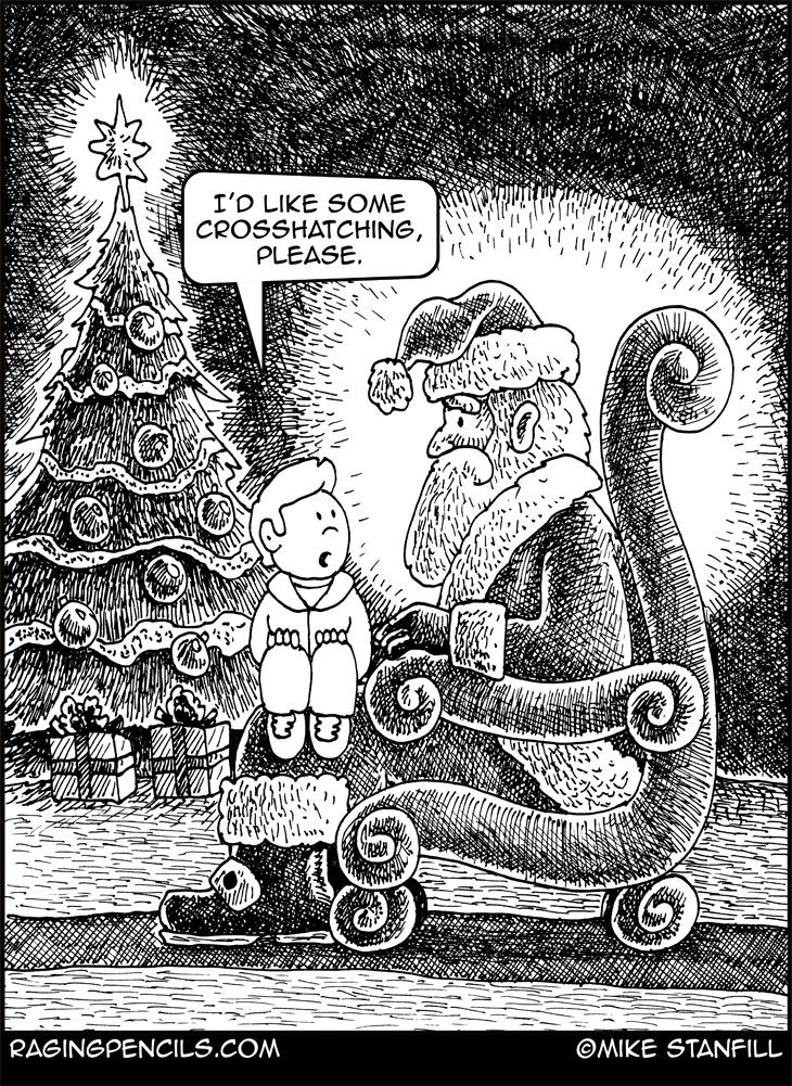 The progressive editorial cartoon about Santa and crosshatching.