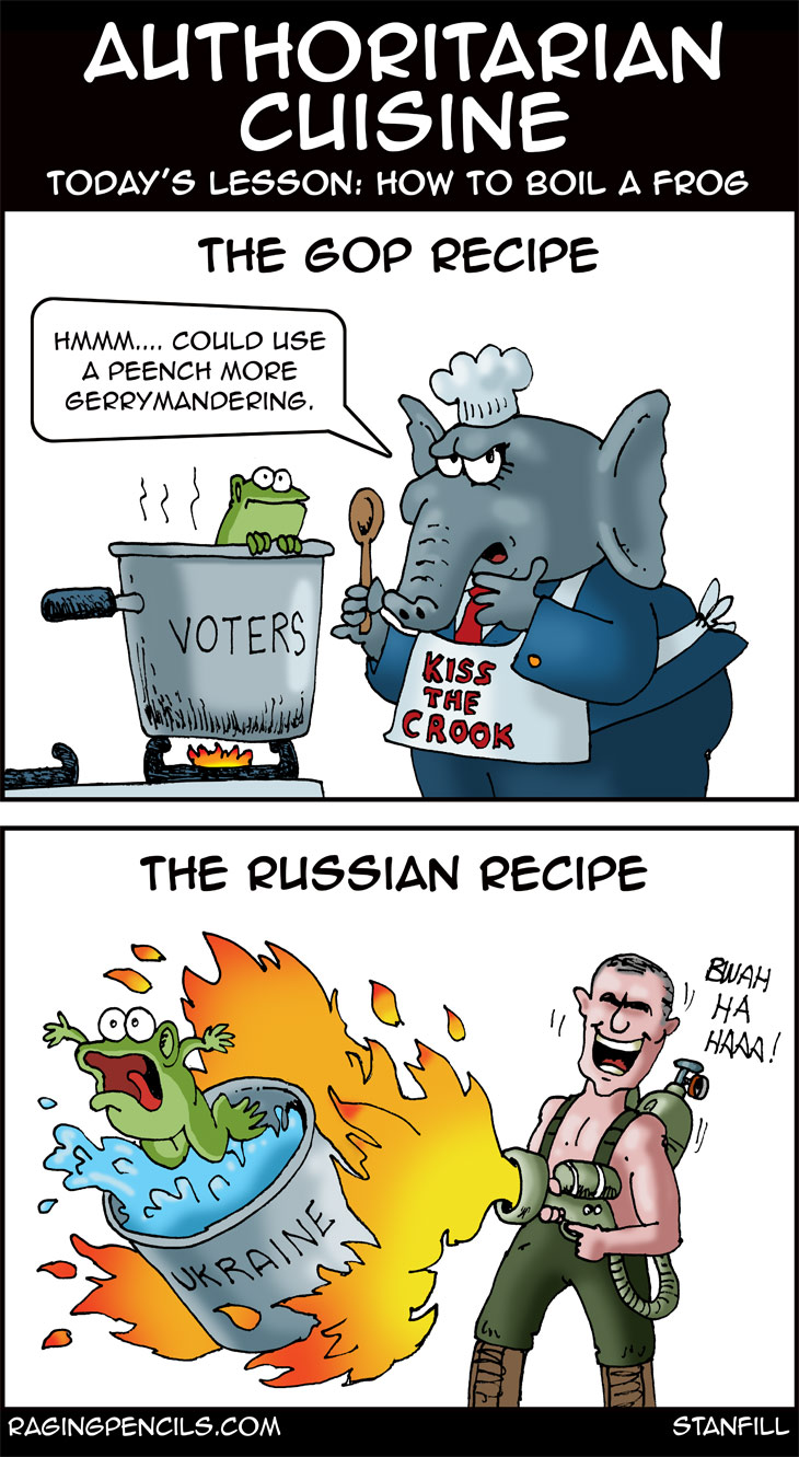 The progressive editorial cartoon about Russian and Republican attacks on freedom.