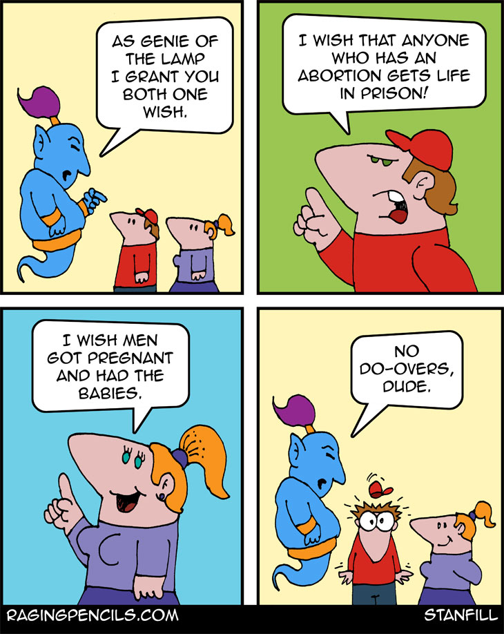 Robin Williams: “The problem is that God gives men a brain and a penis, and only enough blood to run one at a time.” The progressive editorial cartoon about abortion.