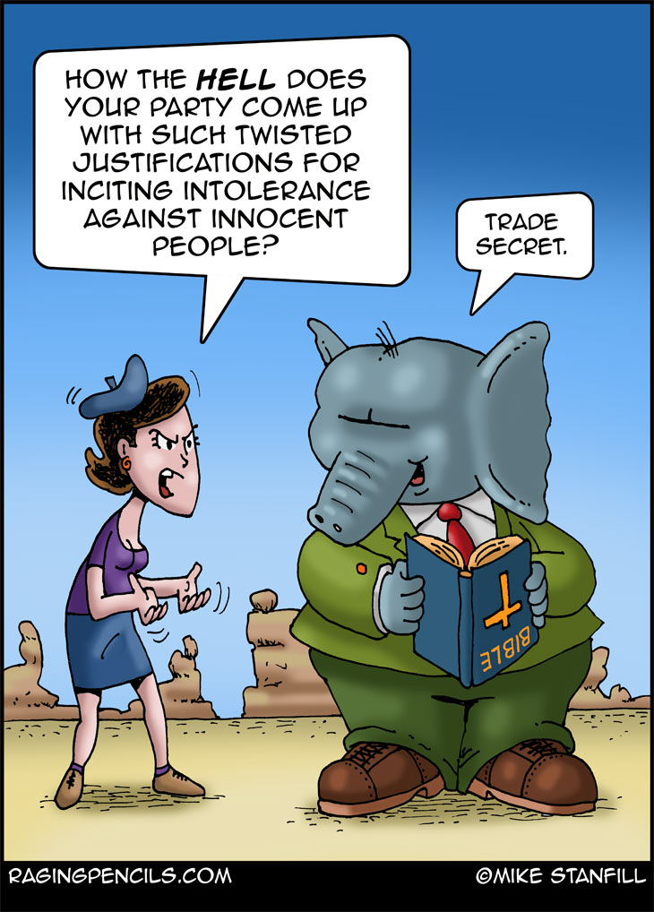 The progressive editorial cartoon about Republican Party intolerance.