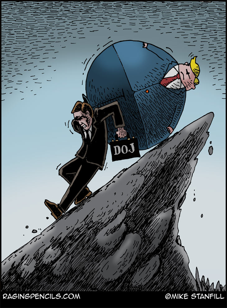 The progressive editorial cartoon about the DOJ's investigation of Trump.