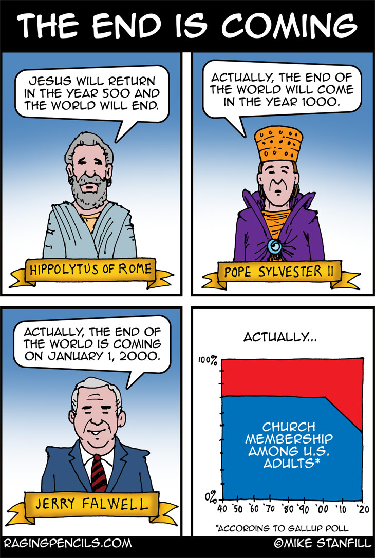 The progressive editorial cartoon about the end of organized religion.