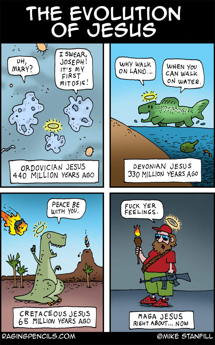 We're at the point now where if both Jesus and Hitler suddenly came back to life there is no certainty whom the Republican Party would glorify more. The progressive editorial cartoon about the sixth extinction event.