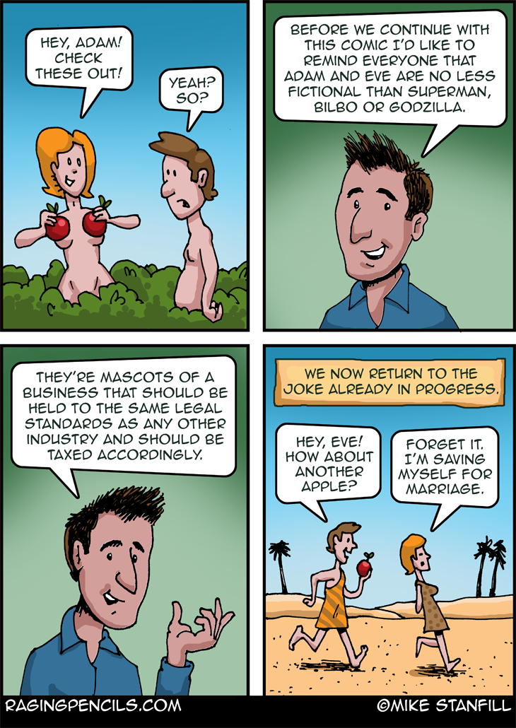 The progressive editorial cartoon about the legal liabilities of Adam n Eve.