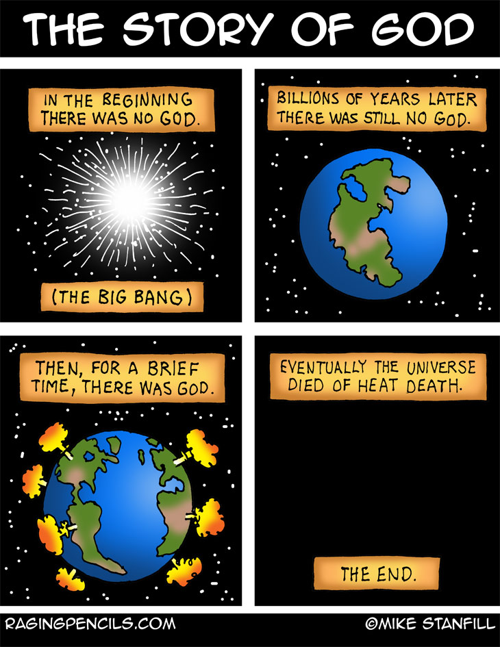 The progressive editorial cartoon about the true history of god.