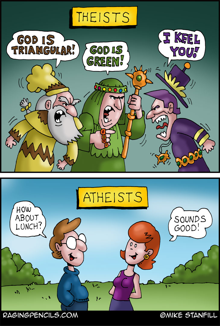 The progressive editorial cartoon about atheists vs. theists.