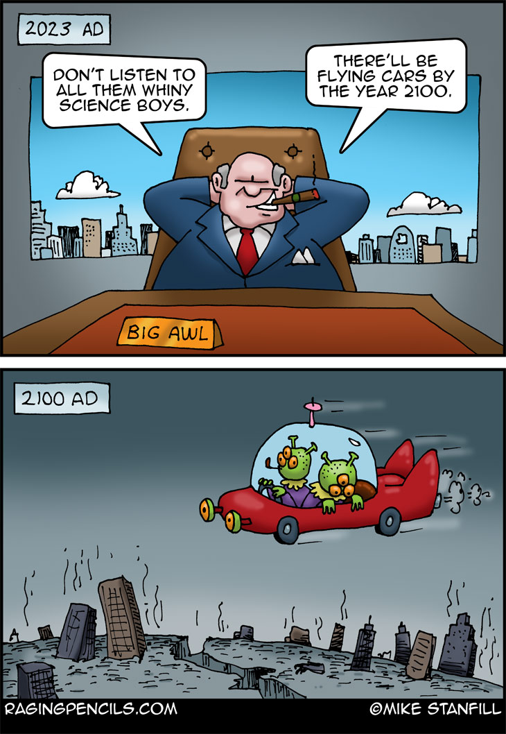 The progressive editorial cartoon about flying cars.