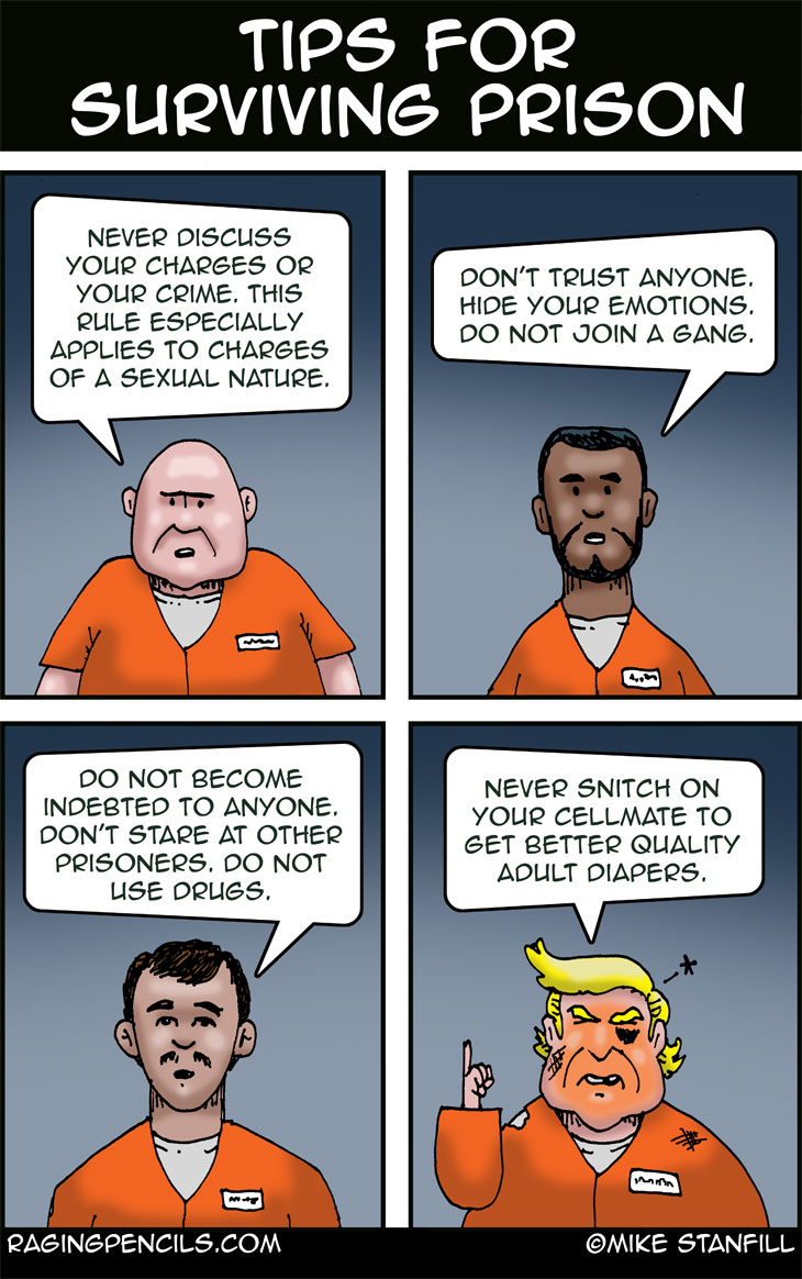 The progressive editorial cartoon about prison survival tips.