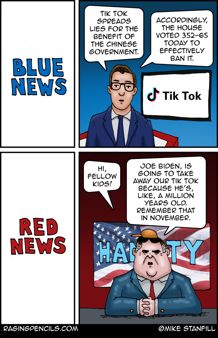 That's not a caricature. That's exactly what Hannity looks like. I swear! The progressive comic about Tik Tok