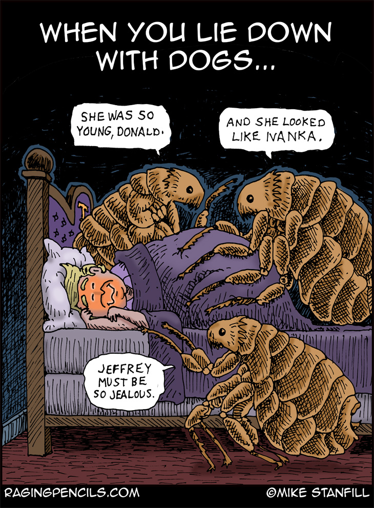 The progressive comic about trump lying down with Epstein dogs.