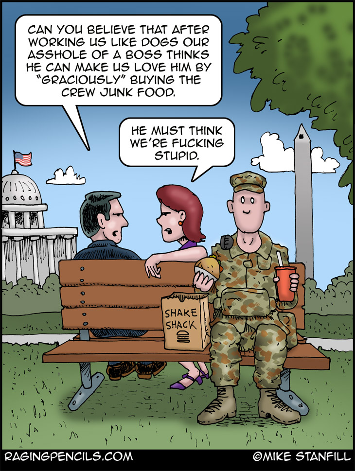 The progressive comic about the National Guard being bribed with junk food.